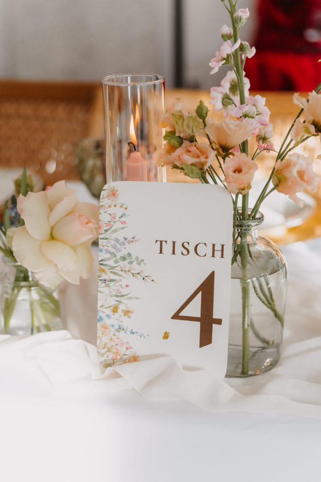 Floral table number in watercolour design for weddings